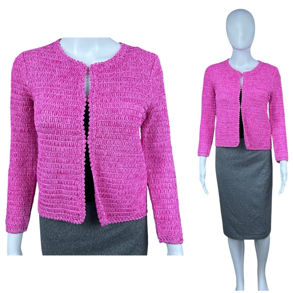 MAJE Madonna Chunky Crochet Knit Cardigan SMALL Fuchsia Pink Sweater Cottagecore